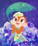 anthro blue_eyes blush clothed clothing dress eyelashes female fur holding_object leaf open_mouth open_smile raining red_nose simple_background smile solo tan_body tan_fur umbrella cla321rice chip_'n_dale disney clarice_(disney) chipmunk ground_squirrel mammal rodent sciurid