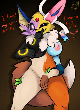 amputee anthro big_breasts black_nose black_sclera blue_body body_horror breasts covering covering_self dialogue disability female feral fur fusion glowing glowing_eyes goo-connected_lips heart_symbol nipples open_mouth purple_eyes ribbons simple_background smile solo tail text white_body yellow_body yellow_fur e-01 nintendo pokemon abominaceon canid canine eevee eeveelution espeon flareon generation_1_pokemon generation_2_pokemon generation_4_pokemon generation_6_pokemon glaceon hybrid hybrid_pokemon jolteon leafeon mammal pokemon_(species) sylveon umbreon vaporeon digital_media_(artwork) english_text hi_res