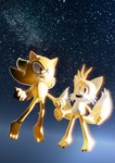 anthro duo male narrow_hips on_model powering_up space super_form thigh_gap thin_calves thin_legs thin_thighs smpthehedgehog sega sonic_the_hedgehog_(series) miles_prower sonic_the_hedgehog super_sonic super_tails canid canine eulipotyphlan fox hedgehog mammal 3d_(artwork) absurd_res digital_media_(artwork) hi_res