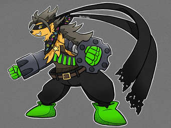 ambiguous_gender anthro bandolier belt bottomwear brown_body brown_fur clothing cybernetic_arm cybernetic_limb footwear fur grey_hair gun_arm hair mask mechanical_arm orange_body orange_fur pants scarf shoes solo star teeth weapon_arm yellow_eyes owlscribbles bandai_namco digimon digimon_beatbreak digimon_(species) wolvermon 2025 4:3 digital_media_(artwork) hi_res