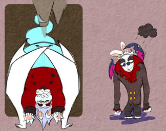 4_fingers anthro barefoot black_eyelids black_facial_hair black_mustache blue_body blue_eyewear blue_fur blue_glasses blue_tail bottomwear brown_background brown_bottomwear brown_clothing brown_coat brown_pants brown_topwear button_(fastener) closed_smile clothed clothed_anthro clothed_male clothing cloud coat cravat duo eyewear facial_hair feet fingers fully_clothed fully_clothed_anthro fully_clothed_male fur glasses grey_hair hair half-closed_eyes hand_pawpads long_ears looking_at_viewer male male_anthro membrane_(anatomy) membranous_wings mouth_closed mustache narrowed_eyes noseless notched_wings overweight overweight_anthro overweight_male pants pawpads purple_wings red_clothing red_coat red_cravat red_eyelids red_eyes red_topwear round_glasses simple_background smile smiling_at_viewer stalactite tail tan_inner_ear tan_pawpads topwear upside_down white_body white_cravat white_fur white_hair white_wings wings randomrabbidramblings mario_bros mario_plus_rabbids_kingdom_battle mario_plus_rabbids_sparks_of_hope nintendo raving_rabbids rayman_(series) ubisoft phantom_of_the_bwahpera t.s._woodrow ghost hybrid lagomorph mammal rabbid spirit vampire 2024 colored crossover digital_drawing_(artwork) digital_media_(artwork) english_description flat_colors multiple_images