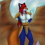 anthro armor battle_armor big_breasts blue_eyes breasts female hair long_hair red_hair solo tail darknesshaven dragon_ball dragon_ball_z samantha_arrow canid canine fox mammal 1:1