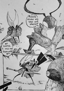 2_horns 2_panel_comic ambiguous_gender anthro biped black_body black_eyes black_text canonical_scene cloak clothing dialogue duo ellipsis empty_eyes holding_melee_weapon holding_object holding_weapon horn humor looking_at_another melee_weapon pupils speech_bubble standing talking_to_another text weapon weapon_on_back starbind_s hollow_knight:_silksong hollow_knight_(franchise) team_cherry green_prince_(hollow_knight:_silksong) hornet_(hollow_knight) arthropod verdanian 2025 absurd_res comic english_text hi_res japanese_text monochrome
