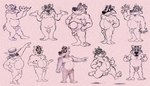 anthro black_nose clothing eyes_closed fur genitals gesture grey_body grey_fur hand_behind_back hand_gesture hat headgear headwear heart_symbol holding_object humanoid_genitalia humanoid_penis male musclegut muscular muscular_male nude open_mouth overweight overweight_male palms_up penis pink_penis pointing power_belt running smile solo thumbs_up tongue_showing brucebadger bruce_(brucebadger) badger mammal mustelid musteline monochrome