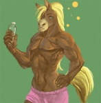 abs anthro athletic biceps biped blonde_hair bottle bottomwear boxers_(clothing) brown_body brown_fur bubble clothed clothing container equid equine fur gingertail green_eyes hair horse looking_at_viewer male mammal muscular muscular_anthro nipples pecs pose shorts solo standing topless underwear water water_bottle