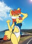 anthro anthrofied beach belly_cutout blep clothing cutout female one-piece_swimsuit pokemorph seaside sharkini single_strap single_strap_clothing single_strap_swimsuit single_strap_swimwear solo swimwear tongue tongue_out mursa nintendo pokemon canid canine fennekin generation_3_pokemon generation_6_pokemon mammal pokemon_(species) sharpedo