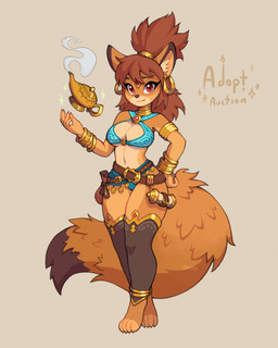 4_toes 5_fingers anthro barefoot bracelet brown_hair feet female fingers fluffy fluffy_tail fur gold_(metal) gold_bracelet gold_jewelry gold_piercing hair jewelry lamp looking_at_viewer neck_ring piercing red_eyes ring_piercing smile solo standing tail tan_body tan_fur tied_hair toes asimos 4:5 hi_res