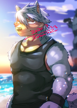 anthro athletic athletic_anthro athletic_male beach black_nose clothed clothing cloud detailed_background fur grey_body grey_fur grey_hair hair male multicolored_body multicolored_fur sea seaside shirt sky solo sunset tan_body tan_fur tank_top topwear two_tone_body two_tone_fur water wristband doromiez morenatsu kouya_aotsuki canid canine canis domestic_dog husky mammal nordic_sled_dog spitz 2020