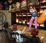 alcohol anthro bar bell bell_ear_ring beverage big_breasts black_hair boots bottomwear breasts brown_body brown_fur brown_hair clothing collar cuff_(restraint) denim denim_bottomwear denim_clothing denim_shorts electronics female footwear fur group hair holly_(plant) horn inside izakaya_restaurant legwear male microphone nipples orange_body orange_fur plant red_hair restaurant restraints shackles shirt shoes shorts singing sitting standing stockings topwear translucent translucent_clothing translucent_shirt translucent_topwear dragonfu raven_(ricochetcoyote) tamara_fox canid canine canis coyote fox human hybrid mammal wolf 2021 digital_media_(artwork) hi_res story story_in_description