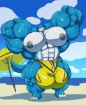 2019 anthro balls balls_outline bandai_namco beach big_balls big_bulge big_muscles big_pecs blue_body bobert bulge chin clothing cloud countershading day detailed_bulge digimon digimon_(species) exveemon flexing genital_outline genitals hi_res huge_balls huge_bulge huge_muscles huge_pecs hyper hyper_balls hyper_bulge hyper_genitalia hyper_muscles hyper_pecs male muscular muscular_anthro muscular_male nipples pecs penis_outline seaside sky smile solo umbrella underwear white_body