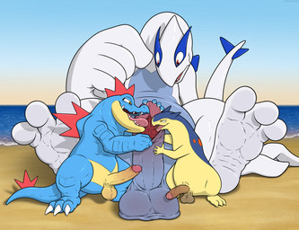 anthro balls beach erection feet fingers foreskin foreskin_play foreskin_pull genitals group group_sex half-closed_eyes hand_on_penis humanoid_genitalia humanoid_penis licking looking_at_viewer male male/male narrowed_eyes nude open_mouth oral outdoor_nudity outside penile penis penis_lick sand seaside sex sitting size_difference smile spread_legs spreading tail teeth threesome toes tongue trio water white_body dracovar_valeford nintendo pokemon crocodilian feraligatr generation_1_pokemon generation_2_pokemon legendary_pokemon lugia pokemon_(species) reptile scalie typhlosion absurd_res digital_media_(artwork) hi_res