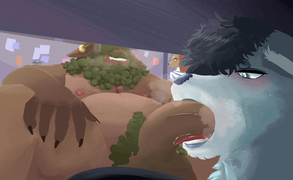 anthro balls big_balls big_breasts big_penis blush bodily_fluids breasts claws cum duo erection fellatio fur genital_fluids genitals hair horn male male/male nipples nude open_mouth oral penetration penile penis sex smile tongue under_table steffansheep merit bovid canid canine canis caprine goat hybrid mammal sheep wolf digital_media_(artwork) hi_res