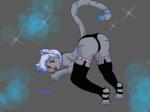 anthro blue_hair blue_stripes butt clothing female fur grey_body grey_fur hair legwear open_mouth panties paws red_eyes short_hair solo stripes teeth thigh_highs tongue tongue_out underwear catblue01 domestic_cat felid feline felis mammal 4:3