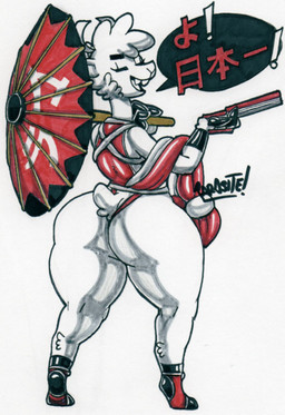 anthro big_butt butt clothing cosplay dialogue eyelashes eyes_closed femboy fur gesture heart_symbol jewelry long_neck male marker parasol playful rear_view solo teeth text thong tongue underwear white_body white_fur wide_hips wool_(fur) parasitedeath fatal_fury fan_character llama_(parasitedeath) mai_shiranui camelid llama mammal 2022 colored hi_res traditional_media_(artwork)