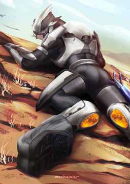 armor butt butt_focus clothing dark_body dark_skin green_eyes lying lying_on_ground male on_front on_ground pose skinsuit solo tight_clothing white_armor mecharoar halo_(series) microsoft xbox_game_studios rtas_'vadum alien sangheili absurd_res hi_res pinup