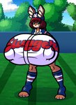 anthro baseball_cap baseball_field baseball_uniform big_breasts bottomwear breasts brown_hair clothing countershading female footwear fur green_eyes hair hat headgear headwear huge_breasts hyper hyper_breasts jersey nipple_outline outside ponytail shorts socks solo sportswear tan_body tan_countershading tan_fur uniform sprucy lagomorph leporid mammal rabbit