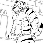 anthro barazoku blush bodily_fluids bound bulge clothing kemono male muscular muscular_anthro muscular_male nipples sitting solo sweat text underwear oogamikennta felid mammal pantherine tiger 1:1 2009 black_and_white digital_media_(artwork) low_res monochrome oekaki