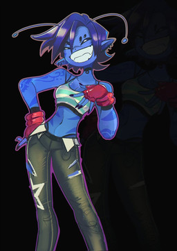 abs ambiguous_gender antennae_(anatomy) black_background blue_body blue_hair blue_skin bottomwear breasts choker clothing colored_nails crop_top denim denim_bottomwear denim_clothing ear_piercing ear_ring female fingerless_gloves gloves hair hand_on_hip handwear jeans jewelry looking_at_viewer markings midriff multi_eye nails necklace pants piercing pointy_ears ring_piercing shirt short_hair simple_background slim small_breasts smile solo topwear torn_bottomwear torn_clothing torn_jeans torn_pants bensadfleck unnamed_character alien digital_drawing_(artwork) digital_media_(artwork) hi_res portrait three-quarter_portrait
