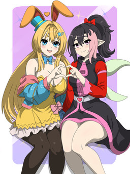 blue_eyes bow_ribbon breast_size_difference breasts duo female female/female heart_symbol highlights_(coloring) insect_wings pink_highlights pointy_ears rabbit_ears small_hat smile smiling_at_viewer wings anonymous_artist vtuber fairyduni trixie_velvet animal_humanoid fairy humanoid lagomorph lagomorph_humanoid leporid_humanoid mammal mammal_humanoid rabbit_humanoid 3:4 absurd_res hi_res