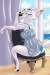 2018 akiric anthro arctic_fox bedroom_eyes biped blue_eyes bra butt canid canine chair cheek_tuft chemise clothed clothing curtains disney facial_tuft female fox furniture half-closed_eyes inside lingerie looking_at_viewer looking_back mammal narrowed_eyes on_chair panties rear_view seductive sitting sitting_backwards sitting_on_chair skye_(zootopia) smile solo straddling_chair true_fox tuft underwear upskirt window zootopia