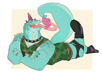 anthro basketball_uniform black_clothing black_footwear black_shoes bottomwear clothing collar crossed_arms eyebrow_piercing facial_piercing food footwear forked_tongue fruit grape green_body green_bottomwear green_clothing green_shorts head_spikes holding_food holding_object long_tongue lying male mouth_piercing multicolored_claws neck_piercing nose_piercing nose_ring on_front open_mouth piercing plant prehensile_tail purple_spikes raised_leg ring_piercing shirt shoes shorts simple_background solo spikes spikes_(anatomy) sportswear tail tail_hold tank_top text thick_tail tongue tongue_piercing topwear uniform yellow_sclera darax goat_(movie) sony_corporation sony_pictures modo_olachenko komodo_dragon lizard monitor_lizard reptile scalie 2026 4:3 absurd_res digital_media_(artwork) hi_res url