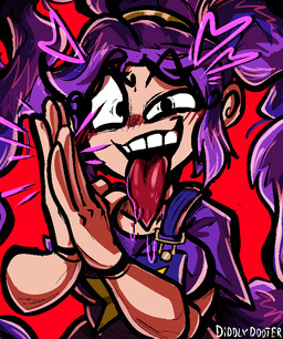 :3 ball_joints big_teeth blush blush_lines bodily_fluids braided_hair clothing crazy_eyes doll drooling emphasis_lines eyebrows female hair hands_together heart_symbol hearts_around_head long_hair long_tongue meme_face meme_pose messy_hair noseless one_eye_half-closed open_mouth open_smile overalls pale_skin purple_clothing purple_hair purple_shirt purple_topwear raised_eyebrow red_background red_tongue saliva saliva_on_tongue saliva_string shirt simple_background smile solo star_(shape) text tongue topwear unusual_anatomy diddlydooter1 mob_entertainment poppy_playtime lily_lovebraids animate_inanimate humanoid living_doll living_toy artist_name digital_drawing_(artwork) digital_media_(artwork) meme signature