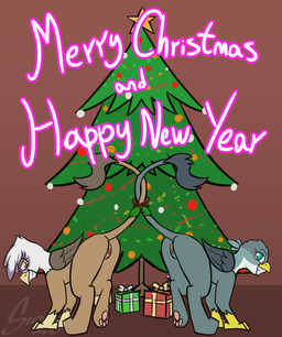 accidental_holly christmas_tree duo female feral gift holidays holly_(plant) lights looking_at_viewer plant presenting tree sombird christmas friendship_is_magic hasbro my_little_pony mythology gabby_(mlp) gilda_(mlp) avian gryphon mythological_avian mythological_creature hi_res