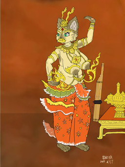 accessory anthro clothing crown dancewear dancing female female/female green_eyes headgear overweight solo thailand yixinplaykhaen khaen domestic_cat felid feline felis mammal siamese_cat thai_cat hi_res