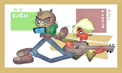 5_fingers acoustic_guitar anthro barefoot biped black_eyebrows blonde_hair border bottomwear brown_body brown_bottomwear brown_clothing brown_ears brown_footwear brown_fur brown_pants brown_shoes brown_stripes brown_tail brown_text clothed clothed_anthro clothed_human clothed_male clothing denim denim_bottomwear denim_clothing duo eyebrow_through_hair eyebrows feet fingers focused footwear fur gaming geometric_background gloves_(marking) green_clothing green_jacket green_text green_topwear guitar hair handheld_console jacket jeans larger_human larger_male leg_markings male male_anthro male_human markings musical_instrument orange_border pants pink_tongue playing_guitar playing_music playing_video_game plucked_string_instrument red_body red_nose red_skin shoes simple_background size_difference slim slim_human slim_male smaller_anthro smaller_male socks_(marking) string_instrument striped_markings striped_tail stripes tail tail_markings text tongue tongue_out topwear torn_bottomwear torn_clothing torn_jeans torn_pants translucent translucent_hair white_background white_text artist-exhale asian_mythology east_asian_mythology japanese_mythology mythology canid canine human mammal raccoon_dog tanuki tengu yokai 2024 character_name colored english_description english_text hi_res japanese_text