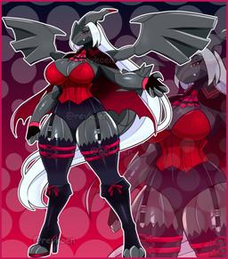 anthro anthrofied big_breasts boots border braided_hair breasts butt clothing corset female fingerless_gloves footwear garter_socks garter_straps gloves hair handwear high_heeled_boots high_heels huge_breasts legwear lingerie long_hair non-mammal_breasts pokemorph red_border red_eyes shoes thick_thighs thigh_highs topwear white_hair wide_hips wings revkoen vempire nintendo pokemon generation_5_pokemon legendary_pokemon pokemon_(species) zekrom absurd_res digital_media_(artwork) hi_res model_sheet watermark