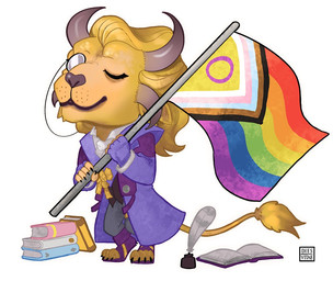 4_ears anthro book book_stack bottle bottomwear chibi claws clothing coat collared_shirt container eyes_closed eyewear feathers fingerless_gloves flag flag_(object) fur gloves grey_bottomwear grey_clothing handwear holding_flag holding_object horn ink_bottle inkwell lgbt_pride loose_feather male mane monocle multi_ear open_book paws pride_color_flag pride_colors purple_clothing purple_coat purple_topwear quill rainbow_flag rainbow_pride_flag rainbow_symbol shirt simple_background smile solo standing tail tail_tuft toe_claws topwear tuft whisker_spots white_background white_clothing white_shirt white_topwear yellow_body yellow_fur diesvitae guild_wars lgbt_pride_month snargle_goldclaw charr felid mammal 2024 colored digital_drawing_(artwork) digital_media_(artwork) shaded