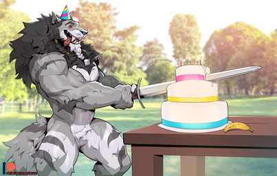 anthro banana black_mane black_nose cake clothing dessert fangs featureless_crotch fingers food fruit fur grey_body grey_fur hat headgear headwear humanoid_hands male mane melee_weapon muscular muscular_anthro muscular_male nude nude_anthro nude_male open_mouth open_smile party_hat plant smile solo sword tail teeth weapon patto mjodvitnir canid canine canis mammal wolf hi_res