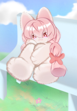 anthro feet female fur hair long_hair outside pawpads paws pink_body pink_fur pink_hair pink_nose red_eyes sex_toy sitting solo young shiningcanc mihoyo zenless_zone_zero zhao lagomorph leporid mammal rabbit hi_res