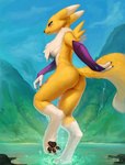 2018 3_toes absurd_res anthro armwear bandai_namco barefoot black_pawpads black_sclera breasts butt butt_pose canid canine chest_tuft claws clothing curling_toes detailed_background digimon digimon_(species) digital_media_(artwork) digitigrade exposure_variation feet female fur hi_res long_legs looking_at_viewer looking_back mammal markings mostly_nude mountain nude outside pawpads paws photonoko pose renamon soles solo thick_thighs toes tuft under_boob water yellow_body yellow_fur