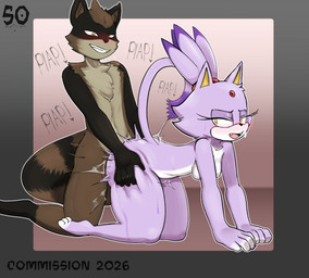 all_fours ambiguous_penetration anthro blush bodily_fluids breasts butt doggystyle duo fangs feet female female_penetrated fingers from_behind_position fur kneeling leg_grab looking_back male male/female male_penetrating male_penetrating_female nude open_mouth penetration penile purple_body purple_fur sex simple_background smile sweat sweatdrop tail teeth thigh_grab toes souley69 sega sonic_the_hedgehog_(series) blaze_the_cat domestic_cat felid feline felis mammal procyonid raccoon digital_media_(artwork) hi_res