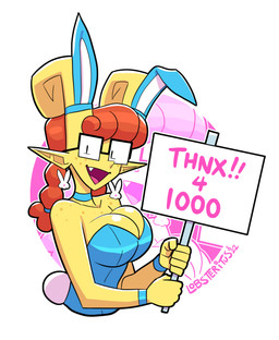 2_horns 5_fingers abstract_background big_breasts blue_choker blue_clothing blue_jewelry blue_leotard blue_necklace blue_wristband breasts bunny_costume choker cleavage clothed clothing costume ear_piercing eyewear fake_ears fake_rabbit_ears fake_rabbit_tail fake_tail female fingers freckled_face freckled_shoulders freckles front_view furgonomic_headwear furgonomics glasses hair happy holding_object holding_sign horn humanoid_pointy_ears jewelry leotard looking_at_viewer necklace not_furry orange_hair piercing pigtails pink_tongue pointy_ears rectangular_glasses sign snaggle_tooth solo text three-quarter_view tongue wearing_glasses yellow_body yellow_skin lobsteritus amber_(lobsteritus) demon demon_humanoid horned_humanoid humanoid 2022 cel_shading dated digital_media_(artwork) english_text half-length_portrait hi_res milestone_celebration portrait shaded signature