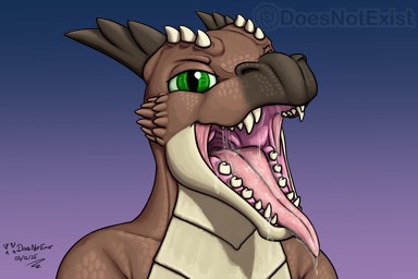 anthro bodily_fluids brown_body brown_scales countershading dipstick_snout drooling fangs gradient_background green_eyes horn looking_at_viewer male mouth_shot open_mouth pink_flesh pointed_tongue pupils saliva saliva_string scales simple_background slit_pupils solo tan_body tan_scales teeth tongue tongue_out ventral_scales doesnotexist subscribestar bryce_daeless kobold scalie 2025 alpha_channel bust_portrait dated digital_media_(artwork) hi_res portrait signature watermark