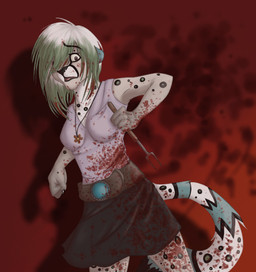 abstract_background anthro blood bodily_fluids clothing cutlery dress female flower fork jewelry kitchen_utensils leopard_spots necklace plant scared simple_background solo spots tail tools lawlietlk felid leopard mammal pantherine snow_leopard 2009