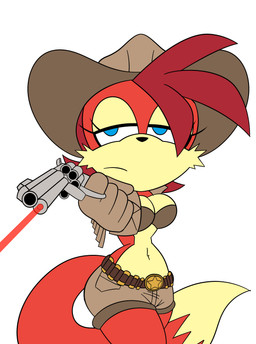 ammo_belt ammunition anthro big_breasts blue_eyes bottomwear bra breasts clothing cowboy cowboy_hat cowgirl_outfit female fur glare gun handgun hat headgear headwear holding_gun holding_object holding_ranged_weapon holding_weapon laser_sight pistol ranged_weapon red_body red_fur revolver sheriff_badge shorts solo tassels underwear unimpressed weapon wide_hips mobian_monster archie_comics sega sonic_the_hedgehog_(archie) sonic_the_hedgehog_(comics) sonic_the_hedgehog_(series) fiona_fox canid canine fox mammal hi_res