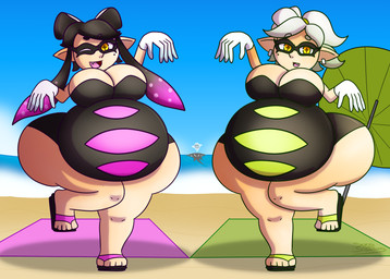 air_inflation beach beach_towel belly belly_expansion big_belly big_breasts big_butt black_clothing black_eyebrows black_footwear black_hair black_sandals black_swimwear blue_sky breasts butt clothing cloud duo ear_piercing expansion eyebrows eyelashes female footwear gloves grey_body grey_eyebrows grey_hair grey_tail hair handwear humanoid_pointy_ears inflation looking_at_viewer markings mole_(marking) multicolored_hair one_eye_closed open_mouth open_smile outside piercing pink_hair pink_tongue pointy_ears pose pseudo_hair red_mouth sand sandals sea sharp_teeth shoes sky smile smiling_at_viewer snaggle_tooth swimwear tail tan_body tan_ears tan_skin teeth tentacle_hair tentacles thick_thighs tight_clothing tongue towel two_tone_hair umbrella water white_clothing white_gloves white_handwear yellow_eyes songofswelling nintendo splatoon big_man_(splatoon) callie_(splatoon) marie_(splatoon) animal_humanoid aquatic aquatic_humanoid cephalopod cephalopod_humanoid fish humanoid inkling mollusk mollusk_humanoid ray_(fish) stingray 2026 absurd_res cel_shading colored digital_media_(artwork) hi_res shaded cousins_(lore)