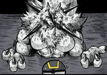 abs amber_eyes anthro black_claws claws clothed clothing dipstick_ears ear_markings ear_piercing fingers first_person_view fluffy fur gesture hair looking_at_viewer male male_anthro multicolored_ears muscular muscular_anthro muscular_male neck_tuft pecs piercing pokeball pool pose simple_background smile solo spiky_hair spread_arms tail topless tuft ultra_ball water wet wet_body jwbash chainsaw_man game_freak i'll_teach_you_everything_(chainsaw_man) nintendo pokemon pokemon_go kyoto_rex canid canine dusk_lycanroc generation_7_pokemon lycanroc mammal pokemon_(species) 2025 absurd_res hatching_(art) hi_res meme shaded watermark