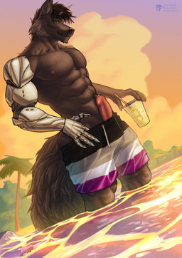 abs anthro areola asexual_pride_colors beach beverage biceps biped black_hair butt clothed clothing cloud cybernetic_arm cybernetic_limb day erection eyewear eyewear_on_head fangs foreskin genitals glans hair holding_beverage holding_object humanoid_genitalia humanoid_penis lgbt_pride male muscular muscular_anthro muscular_male nipples outside partially_retracted_foreskin partially_submerged pecs penis plant pride_color_clothing pride_colors sand sky solo sunglasses sunglasses_on_head swimming_trunks swimwear tail teeth topless tree blueteaa canid canine canis mammal wolf 2024 absurd_res digital_media_(artwork) hi_res