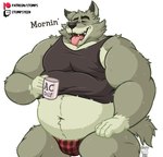 anthro belly biceps bulge clothed clothing coffee_mug dialogue elderly eyebrows eyes_closed fur holding_object male mature_anthro mature_male musclegut muscular muscular_anthro muscular_male navel open_mouth open_smile overweight overweight_anthro overweight_male pecs shirt simple_background sitting smile solo talking_to_viewer tank_top teeth text text_on_coffee_mug thick_thighs thong tongue tongue_out topwear tuft underwear white_background stompsyeen animal_crossing nintendo patreon twitch.tv dobie_(animal_crossing) canid canine canis mammal wolf 2023 english_text url watermark