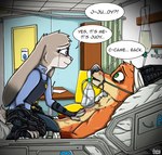 2023 anthro bed bodily_fluids canid canine cybernetic_arm cybernetic_ear cybernetic_limb cybernetics disney duo female fox fur furniture green_eyes grey_body grey_fur hospital hospital_bed hospital_room judy_hopps lagomorph leporid machine male mammal mask medical medical_instrument nick_wilde orange_body orange_fur oxygen_mask purple_eyes rabbit scar scientific_instrument sweat tears ziegelzeig zootopia