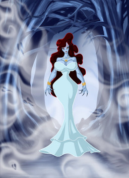 alternative_fashion big_breasts blue_body blue_skin breasts claws cleavage clothed clothing dress female fog forest front_view fully_clothed goth hair huge_breasts long_hair looking_at_viewer not_furry outline outside plant red_hair smile solo standing tree white_clothing white_dress white_outline lordstevie carmilla_karnstein humanoid undead vampire digital_media_(artwork) full-length_portrait hi_res portrait restricted_palette