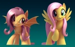 duo fangs feathered_wings feathers female feral fur gradient_background green_eyes hair pink_hair raised_leg red_eyes simple_background smile spread_wings square_crossover teeth wings yellow_body yellow_fur 2snacks friendship_is_magic hasbro my_little_pony mythology flutterbat_(mlp) fluttershy_(mlp) bat_pony equid equine hybrid mammal mythological_creature mythological_equine pegasus 3d_(artwork) digital_media_(artwork) shaded