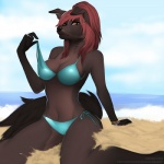 anthro beach bikini biped breasts brown_body brown_fur clothed clothing detailed_background female fur hair kneeling looking_at_viewer off_shoulder orange_eyes outside red_hair sand seaside solo swimwear two-piece_swimsuit water yellow_eyes angiewolf shelby canid canine canis domestic_dog mammal 1:1 2016 digital_media_(artwork) shaded