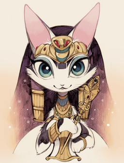 anthro black_hair female fur gold_(metal) gold_jewelry green_eyes hair jewelry looking_at_viewer simple_background solo uraeus white_body white_fur ichthy0stega domestic_cat felid feline felis mammal 2015