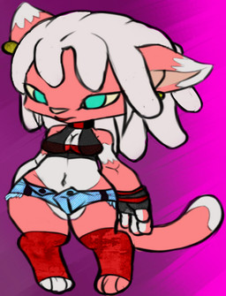 anthro bottomwear breasts cleavage_cutout clothing cutout daisy_dukes denim denim_bottomwear denim_clothing denim_shorts dreadlocks female fingerless_gloves footwear gloves handwear hotpants legwear midriff navel short shorts simple_background solo toeless_footwear toeless_legwear wide_hips abezguaz mo-mo domestic_cat felid feline felis mammal alternate_version_at_source