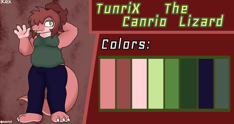 anthro belly clothing gesture hair huge_thighs looking_at_viewer male nails overweight overweight_anthro overweight_male ponytail simple_background slightly_chubby solo tail text thick_thighs tongue tongue_out tunrix_canrio_(oc) waving waving_at_viewer waving_hand tunrix_canrio lizard reptile scalie digital_media_(artwork) hi_res model_sheet